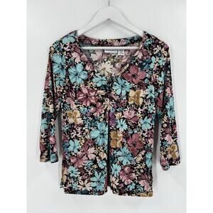Jaclyn Smith Blouse Womens Small Multicolor Floral 3/4 Sleeves V Neck Buttons